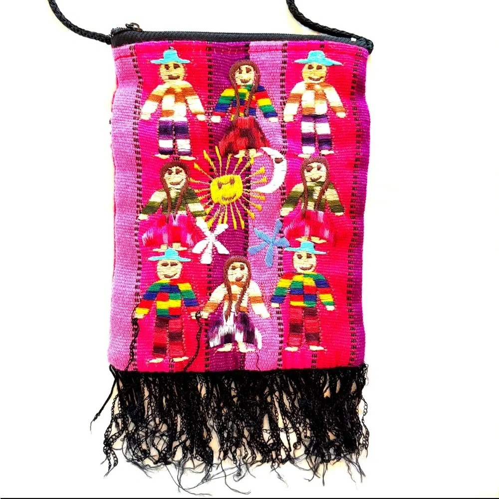Vintage Crossbody worry dolls embroidered pink handmade in Peru. NWOT - Picture 11 of 11
